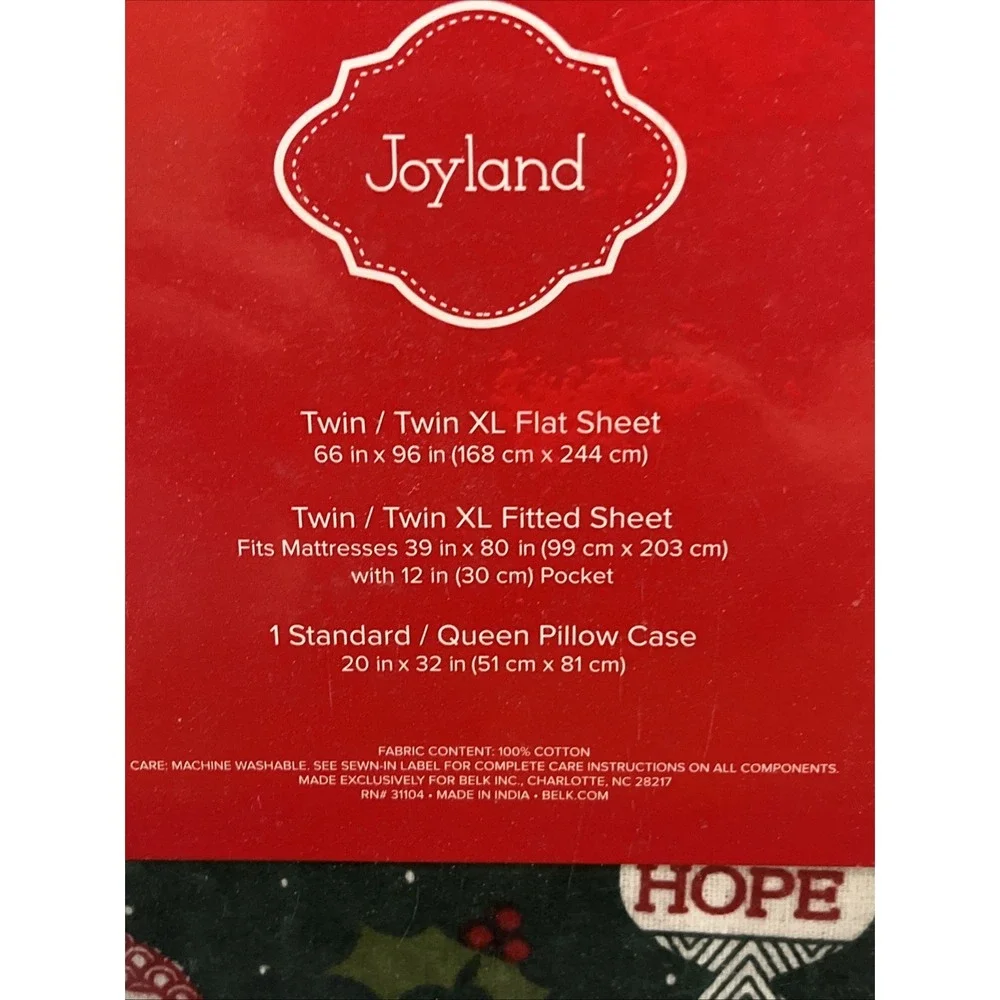 Joyland Flannel Twin/Twin XL Sheet Set Green Peace Joy Hope Christmas New